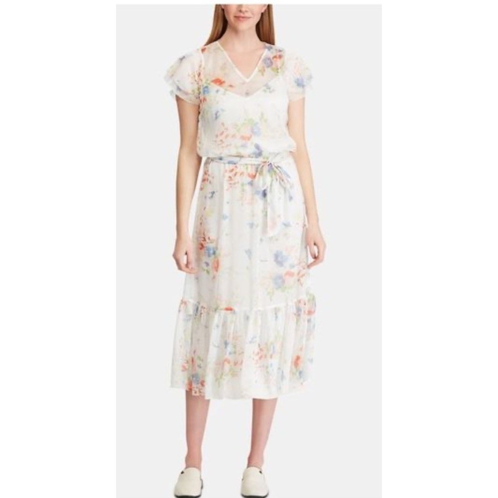 Lauren Ralph Lauren Sz‎ 10 Floral Georgette Tiered Dress  V Neck Slip tie neck